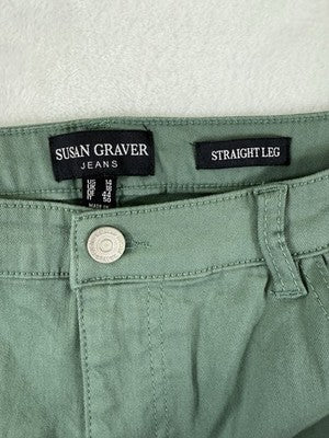 Susan Graver 14 Cropped Jeans Straight Leg Green Embellished Leaf