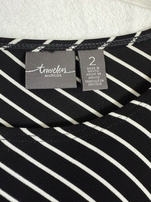 Chicos Travelers 2 Tunic Black White Stripe Large Womens Top Asymmetrical Hem