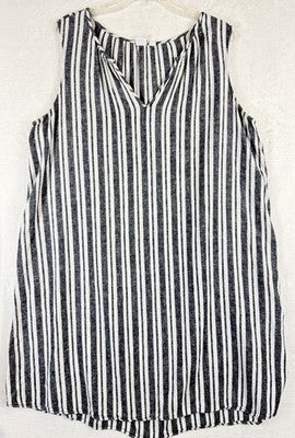 Gap Dress XXL Linen Blend Sleeveless Shift White Blue Stripe Split Neck Women