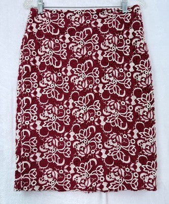 Talbots Skirt Size 4 Red White Floral Crochet Pencil Knee Length Red White
