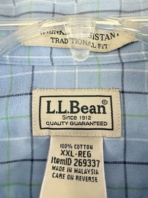 LL Bean Shirt XXL Mens Button Down Blue Plaid Wrinkle Resistant Traditional Fit
