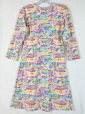Kaeli Smith Dress XS Fit And Flare Pink Blue Yellow Print 3/4 Sleeve Womens