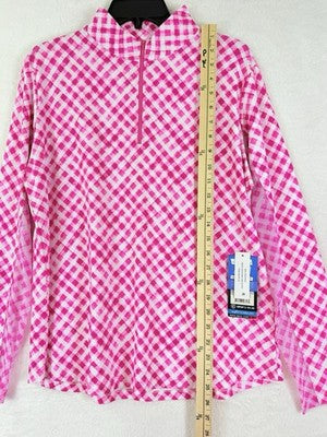 IBKUL Womens Long Sleeve Top XL 1/4 Zip Mock Neck Pink Gingham Check Print Golf
