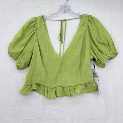 1. State Women Tops Medium 12 Crop Green Puff Sleeve Blouse Open Back New NWT