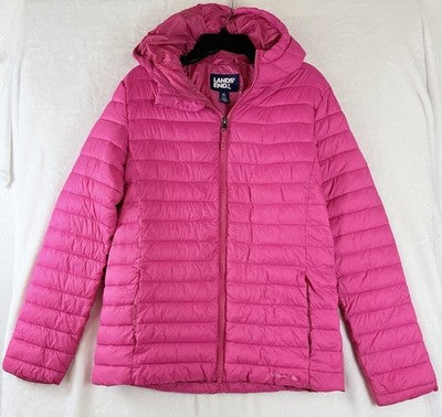 Lands End Girls Jacket XL Puffer Coat Pink Hooded Full Zip