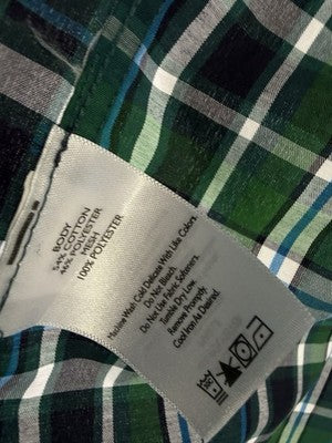 Eddie Bauer XL Short Sleeve Shirt Green Blue Button Up Lightweight