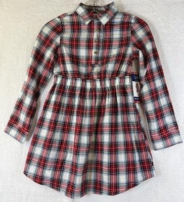 Gap Kids Dress Girls 7/8 Medium Red Plaid Flannel Fit Flare Long Sleeve New