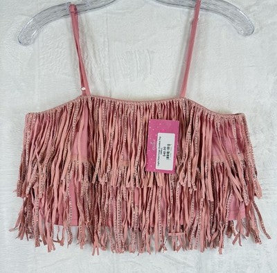 Dance Costume Adult Small Womens Pink Rhinestone Faux Suede Studded Top Fringe