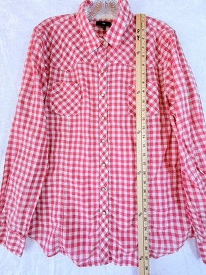 Gap Western Shirt Pearl Snap Womens XXL Pink Gingham Cotton Lightweight Roll Tab