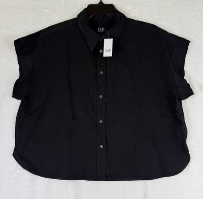 Gap Linen Blend Crop Shirt Small Womens Black Button Up Short Sleeve Women