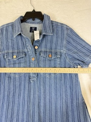Gap Denim Mini Dress Medium Petite MP Blue Short Sleeve Boho Striped New NWT
