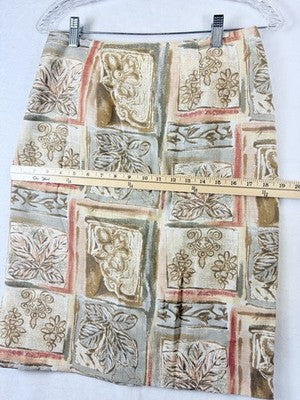 Vintage Womens Skirt 10 Leaf Print Green Tan Pencil 80s 90s Made In USA