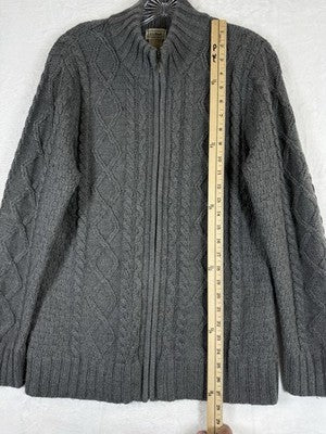LL Bean Womens Large Cardigan Sweater Full Zip Gray Cable Knit