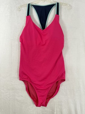 Lands End Swimsuit 14 One Piece Racerback Pink Blue V-Neck Swim Suit Womens