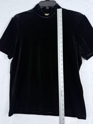 Vintage Talbots Top Medium Black Velour Mock Neck Short Sleeve Women Made In USA