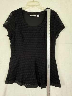 Isaac Mizrahi Live Tops Medium Black Short Sleeve Lace Overlay Blouse Top Women