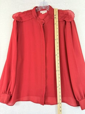 Vintage 70s 80s Red Chiffon Blouse Large Shoulder Pads Secretary Top 9 To 5