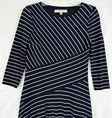 Evan Picone Dress 4 Navy Blue White Stripe Jersey Knit Fit Flare Women