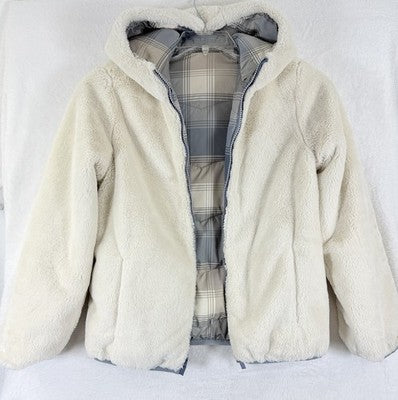 Abercrombie Kids Girls 11/12 Jacket Faux Fur Gray Plaid Plush Fitch Reversible