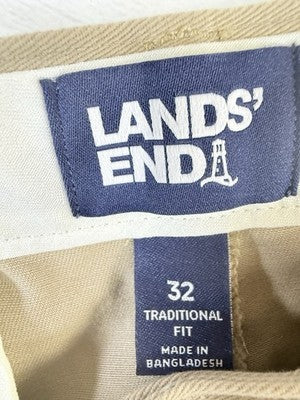 Lands End Khaki Pants 32 32x27 Traditional Fit Tan Mens Flat Front 100% Cotton
