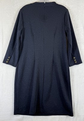 Talbots Dress Medium Shift Navy Blue Knit 3/4 Sleeve Heathered Button Womens