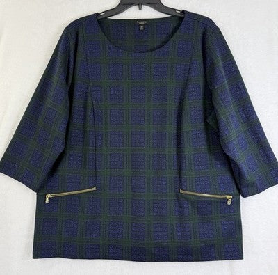 Talbots Top 2XP 3/4 Sleeve Blue Green Plaid 2X Petite Womens Plus Size Metallic