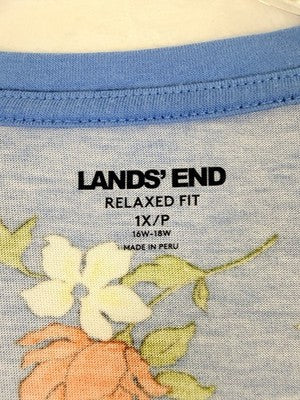 Lands End Relaxed Fit Cotton T Shirt 1X Petite Blue Floral Long Sleeve Knit Tee