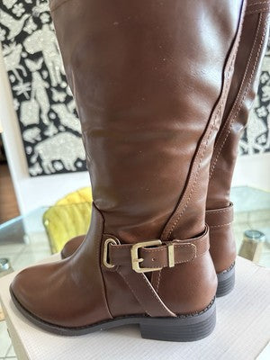 St Johns Bay Roslyn Tall Riding Boot Womens 9 Brown Gold Buckle NEW