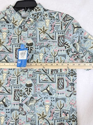 Columbia PFG Shirt Small Mens Short Sleeve Fishing Wild Cast Blue Button Up New