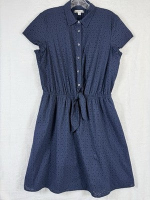 J Crew Shirt Dress Medium Eyelet Navy Blue Short Sleeve Womens 100% Cotton