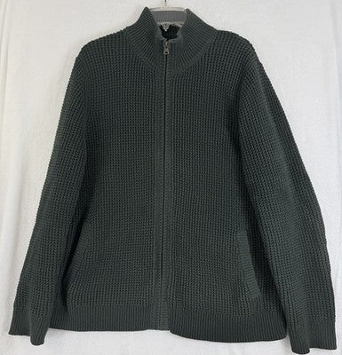 L.L. Bean Organic Cotton Waffle Full Zip Sweater Mens Large Dark Pine Green