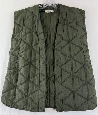 By Coco Quilted Vest Olive Green Womens Medium Made In Italy Boho Open Front