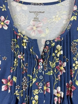 Woman Within Tops 3/4 Sleeve Tunic Henley Blue Floral 14 16 Plus Size Womens