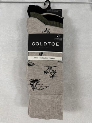 GoldToe Dress Crew Socks Men 6-12.5 Beige Green Black Palm Trees 3 Pack NEW