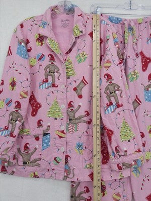 Nick And Nora Pajamas Set Medium Pink Flannel Sock Monkey Christmas Shirt Pants