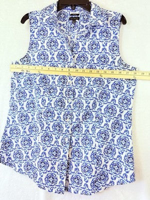 Talbots Non Iron Shirt 6 Womens Sleeveless Blue Print Button Down Cotton Womens