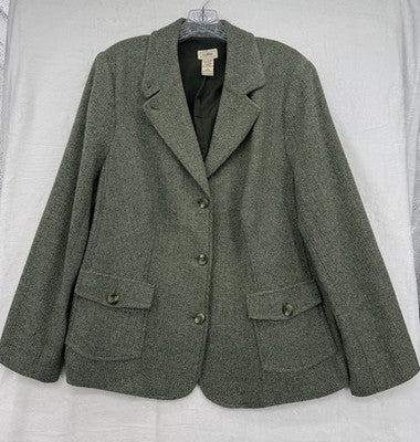 LL Bean Wool Blazer Womens 1X Green Jacket Vintage Silk Blend Tweed Plus Size