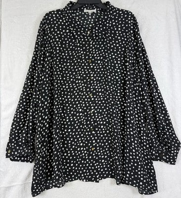 Spense Tops 3X Womens Black White Polka Dot Blouse Gold Button Up Long Sleeve