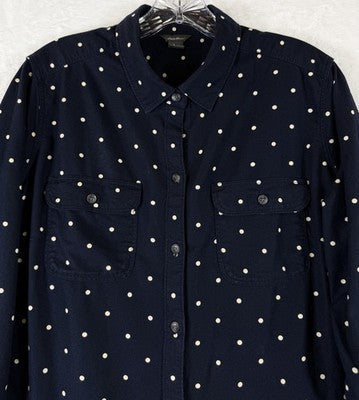 Eddie Bauer Flannel Shirt Womens Large Tall Blue Polka Dot Button Up Top Cotton