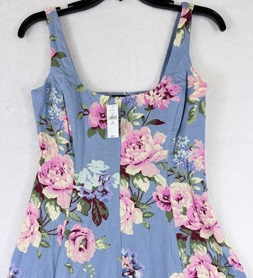 Gap Maxi Dress XS Petite Linen Blend Square Neck Blue Pink Floral Sleeveless New