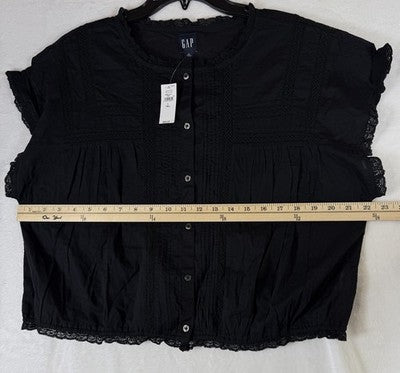 Gap Crop Top Large Tall Womens Black Ruffle Pintuck Cotton Short Sleeve New NWT