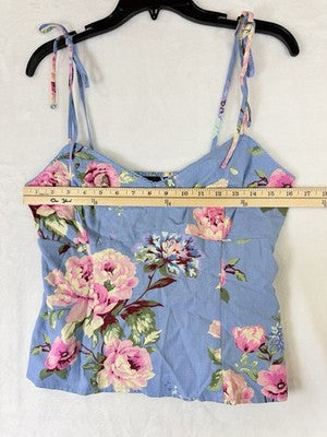 Gap Tops For Women Medium Linen Blend Cami Tie Strap Blue Floral Cottagecore