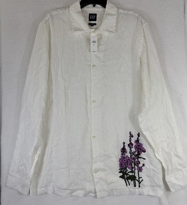 Gap Linen Shirt Womens Large Tall Long Sleeve White Button Up Embroidered New
