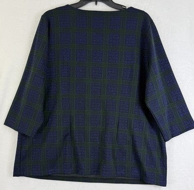 Talbots Top 2XP 3/4 Sleeve Blue Green Plaid 2X Petite Womens Plus Size Metallic