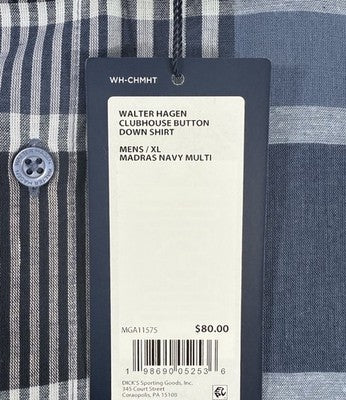 Walter Hagen Golf Shirt XL Blue Plaid Short Sleeve Men’s Clubhouse Button  NEW