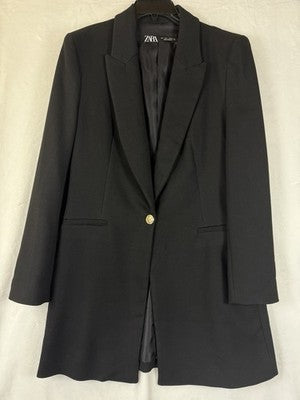 Zara Long Blazer Black Large Womens Jacket Longline Gold Button
