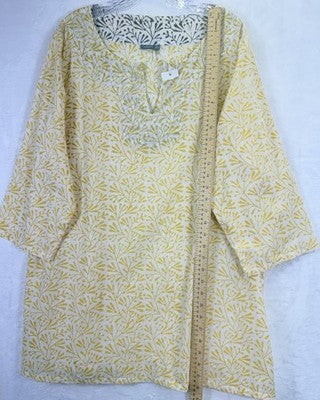 Lime Tree Design Tunic Top Medium Large Block Print Yellow 100% Cotton Women New