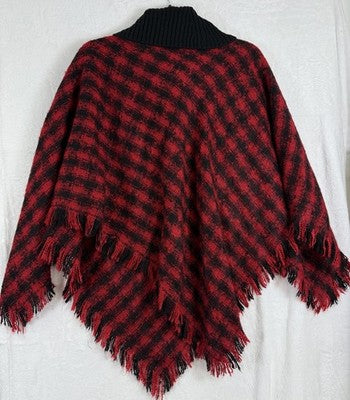 Talbots Sweater Medium Poncho Turtleneck  Red Black Plaid Ruana Cape Women