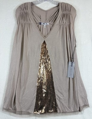 Jennifer Lopez Top 1X Womens Sleeveless Beige Sequined
