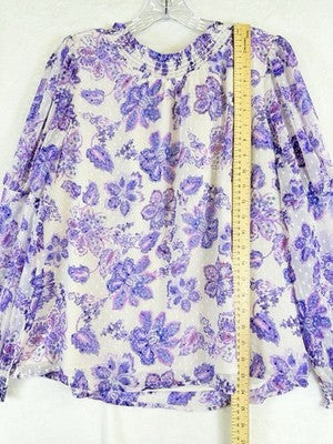Ann Taylor Loft Top Large Petite Puff Sleeve Purple Floral Long Sleeve Womens